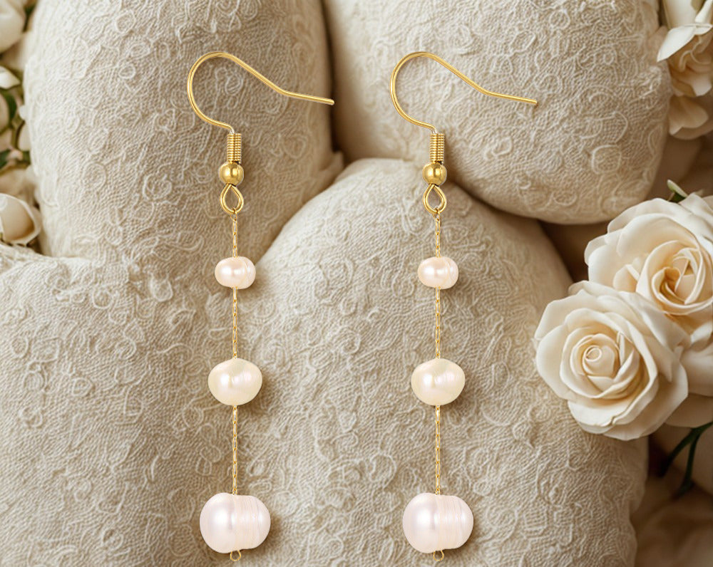 Triple Freshwater Pearl Earrings - Gold or Silver