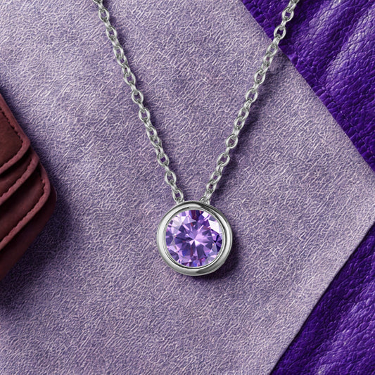 Violet / February (Purple) Round Birthstone Necklace with a Silver Chain