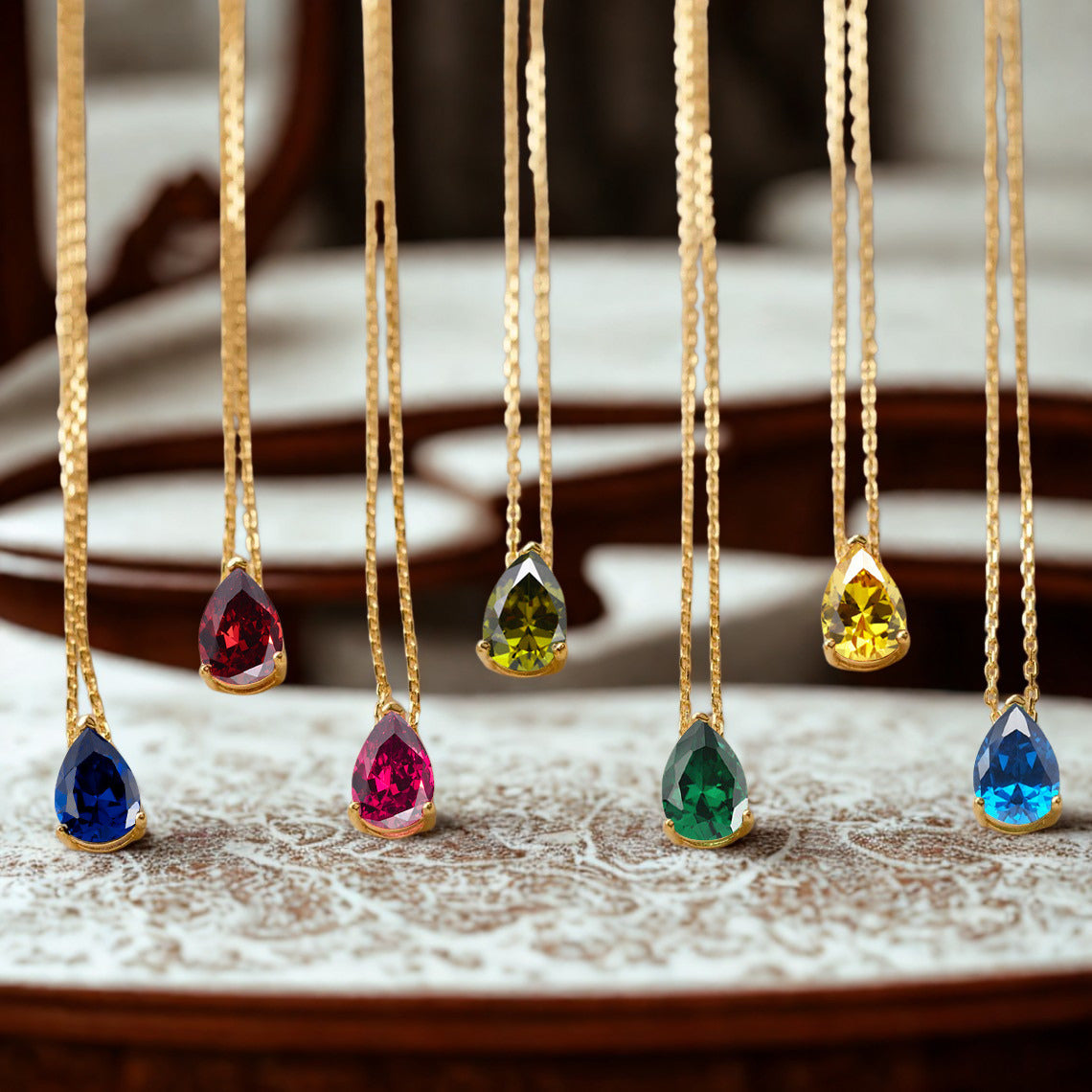 Crystal Teardrop Necklace - Gold - Multi-Coloured Birth Stones
