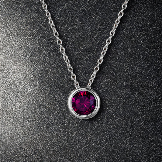 Light Siam / January (Deep Red) Round Birthstone Necklace with a Silver Chain