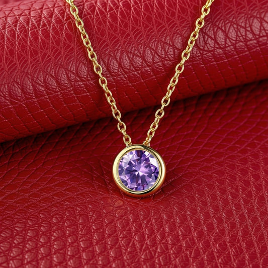 Violet / February (Purple) Round Birthstone Necklace with a Gold Chain