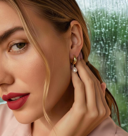 Freshwater Pearl Earrings – Gold or Silver. Gold-tone freshwater pearl drop hoop earring