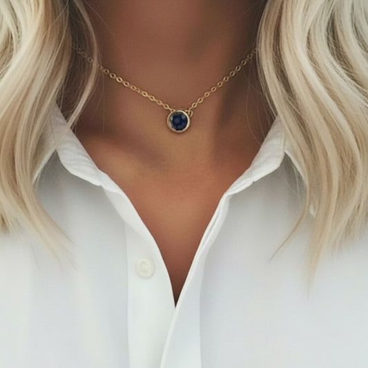 Sapphire / September (Dark Blue) Round Birthstone Necklace with a Gold Chain
