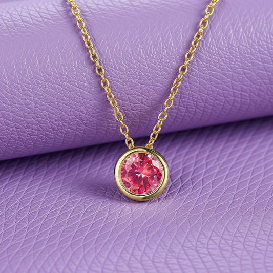 Rose / July (Pink) Round Birthstone Necklace with a Gold Chain