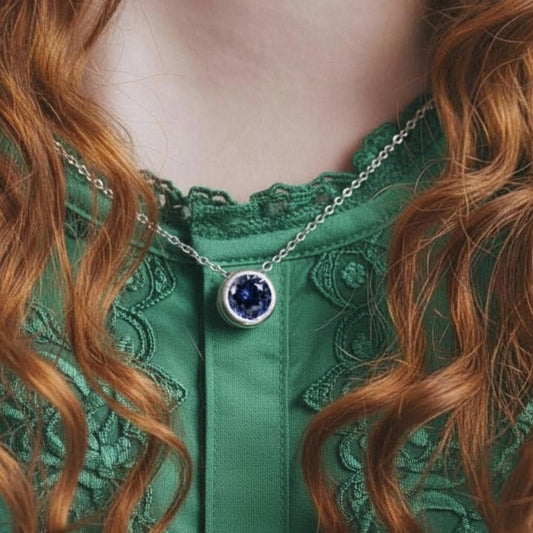 Sapphire / September (Dark Blue) Round Birthstone Necklace with a Silver Chain