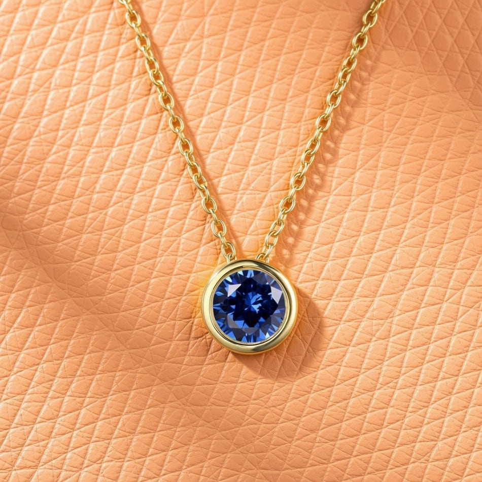 Sapphire / September (Dark Blue) Round Birthstone Necklace with a Gold Chain
