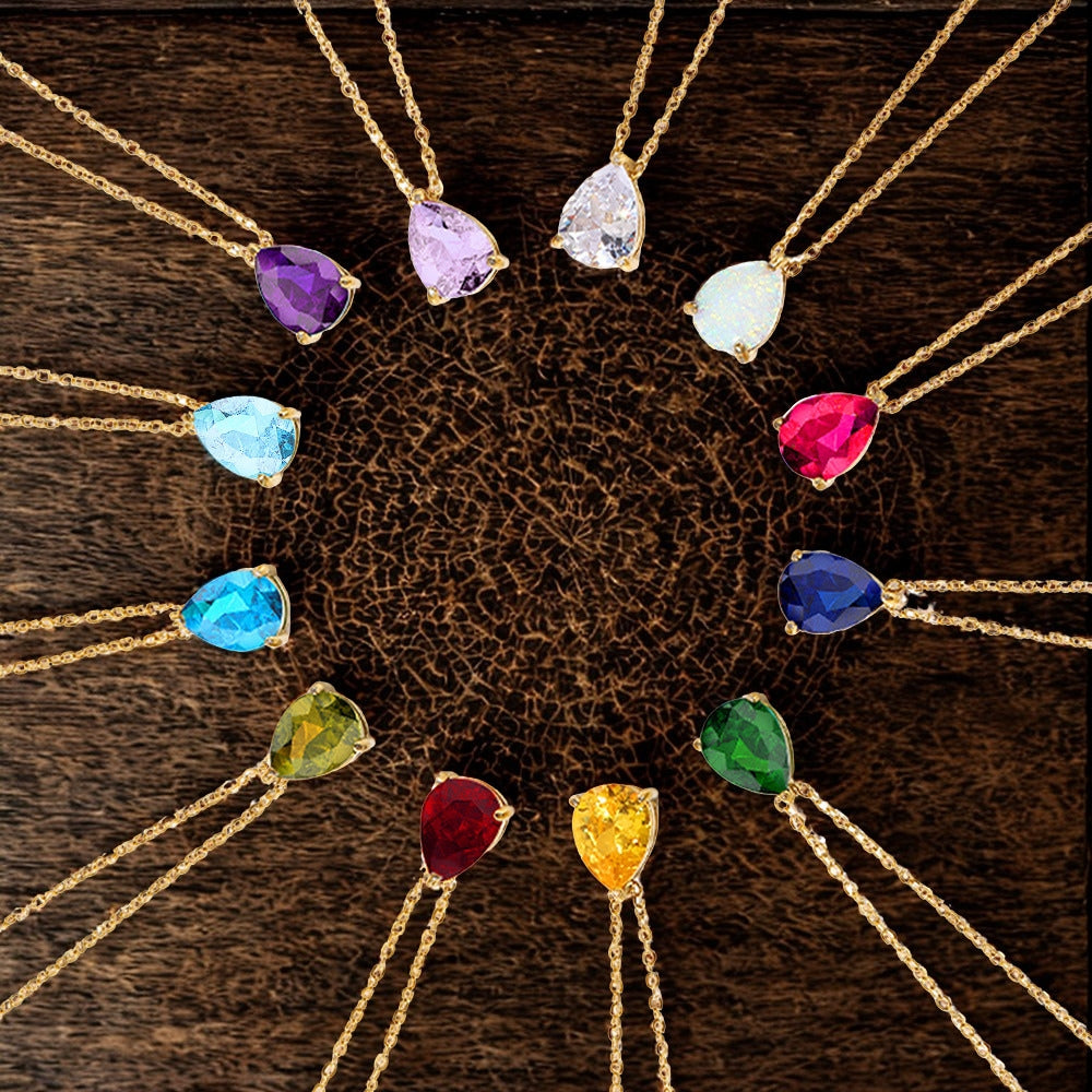 Crystal Teardrop Necklace - Gold - Multi-Coloured Birth Stones