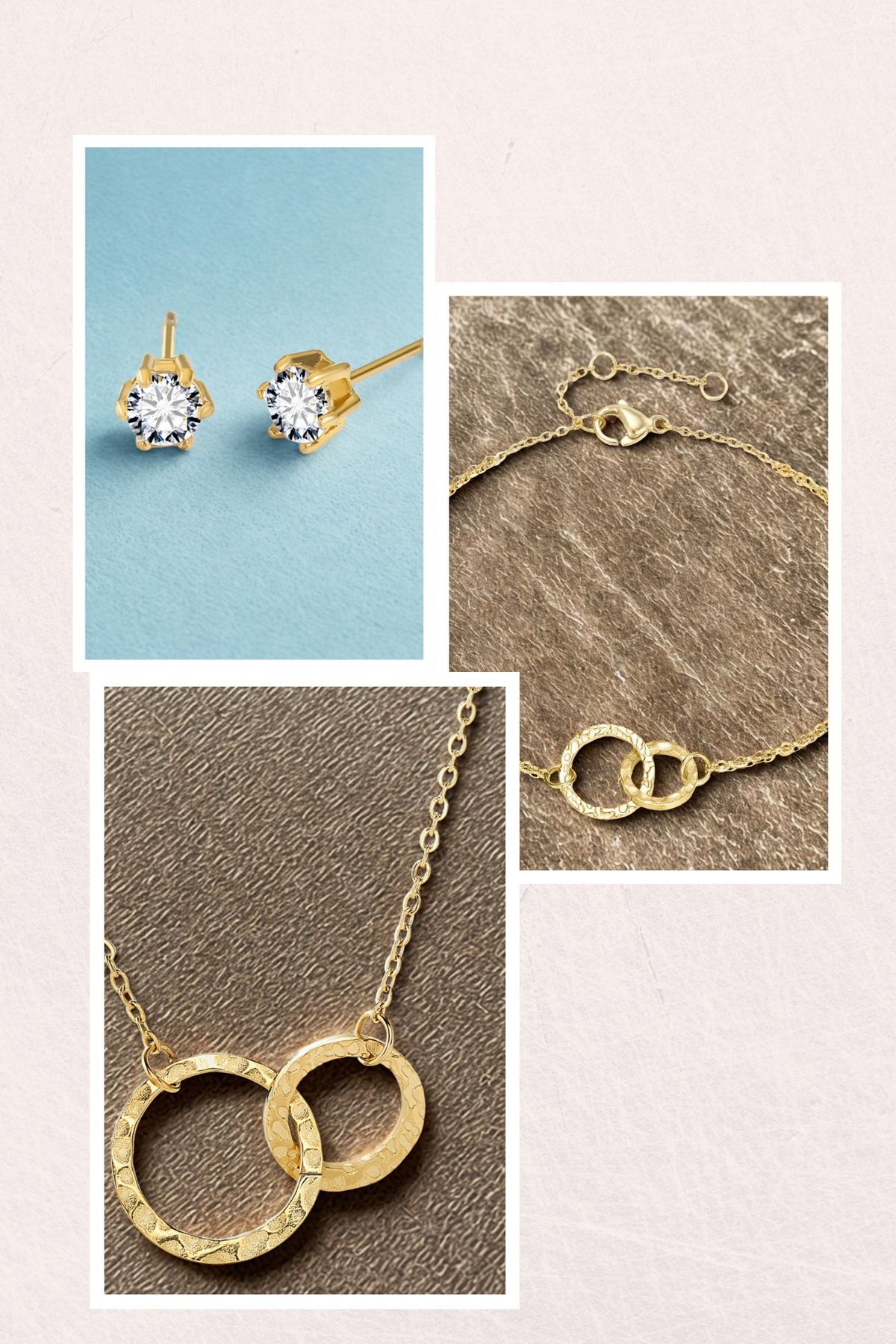 Venn Circle Necklace and Bracelet with Zircon Stud Earrings Gold Triple Set