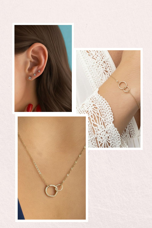 Venn Circle Necklace and Bracelet with Zircon Stud Earrings Gold Triple Set