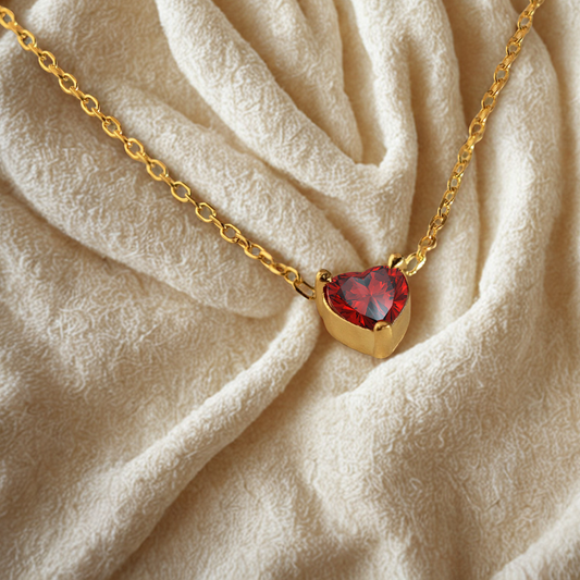January (Light Siam) Heart Stone Pendant .... Cubic Zircon Necklace - Gold Chain