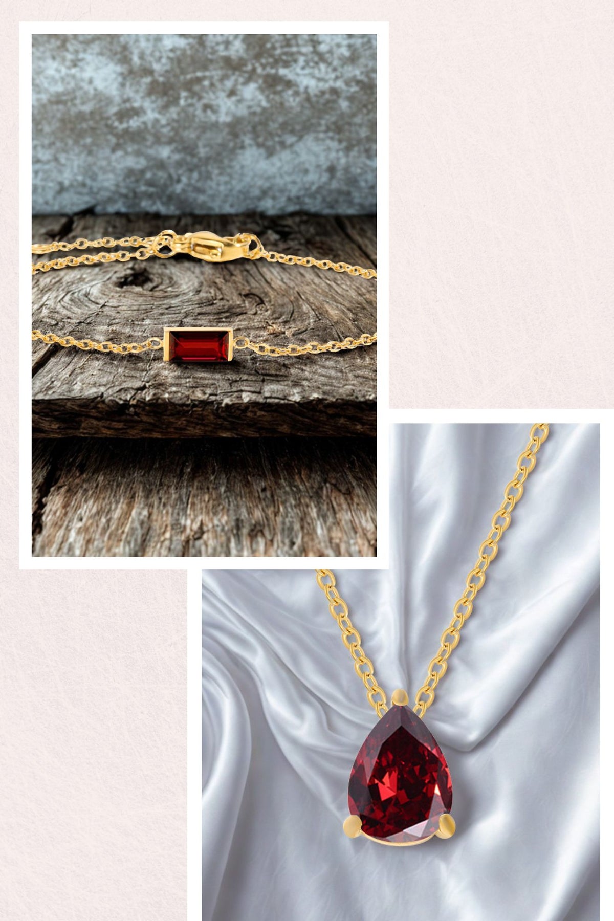 Red Teardrop Necklace & Rhinestone Bracelet Set – Gold Finish