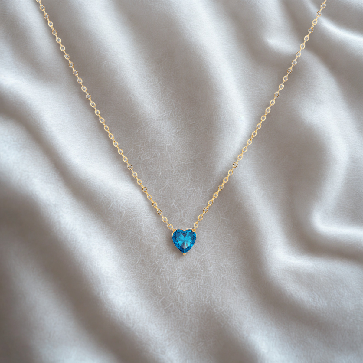 December Aquamarine Heart Stone Pendant .... Cubic Zircon Necklace - Gold Chain