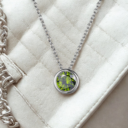 Peridot / August (Light Green) Round Birthstone Necklace with a Silver Chain