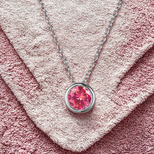 Rose / July (Pink) Round Birthstone Necklace with a Silver Chain