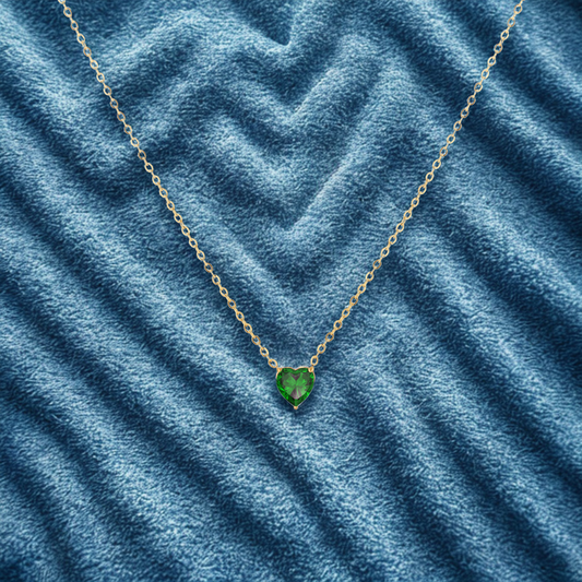 May Emerald (Green)  Heart Stone Pendant .... Cubic Zircon Necklace - Gold Chain