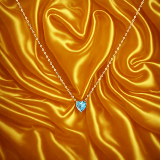March Light Sapphire Heart Stone Pendant .... Cubic Zircon Necklace - Gold Chain