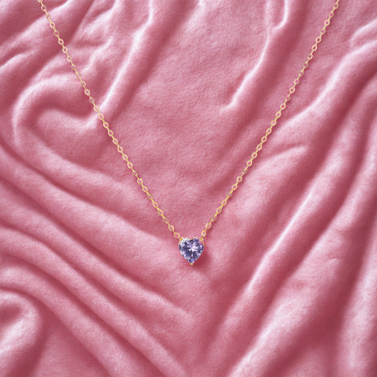 June Amethyst Heart Stone Pendant .... Cubic Zircon Necklace - Gold Chain