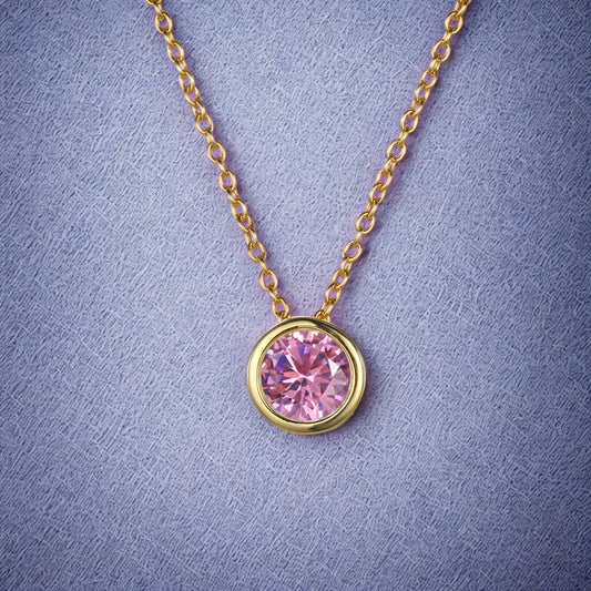 Light Rose / October (Light Pink) Round Birthstone Necklace with a Gold Chain