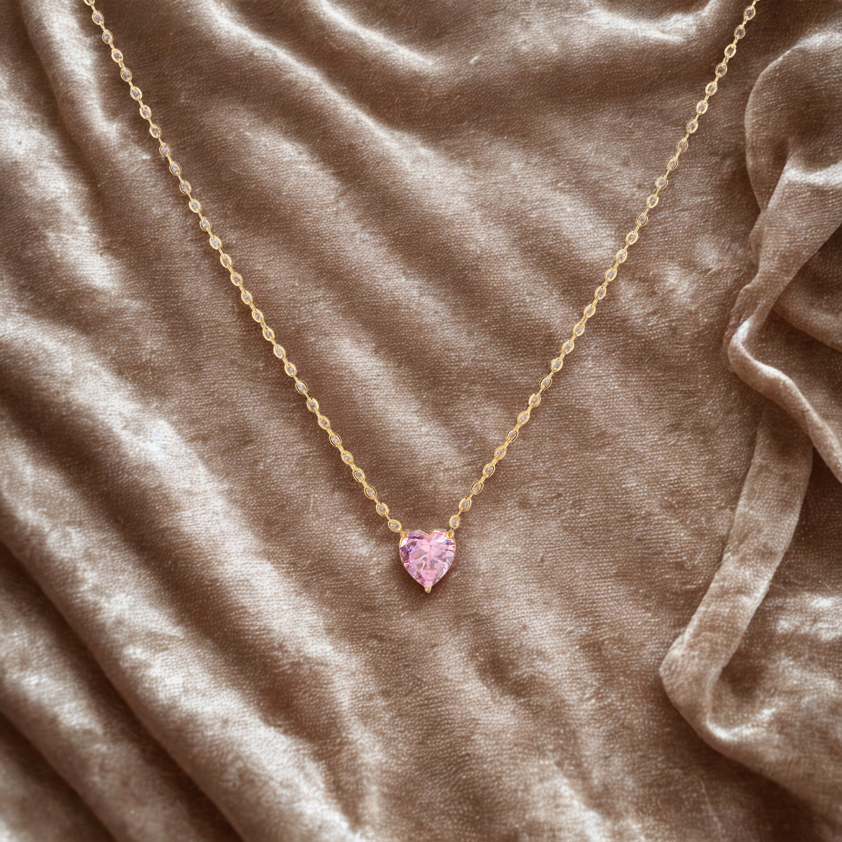 October Light Rose (Pink)  Heart Stone Pendant .... Cubic Zircon Necklace - Gold Chain