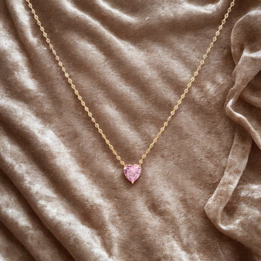October Light Rose (Pink)  Heart Stone Pendant .... Cubic Zircon Necklace - Gold Chain