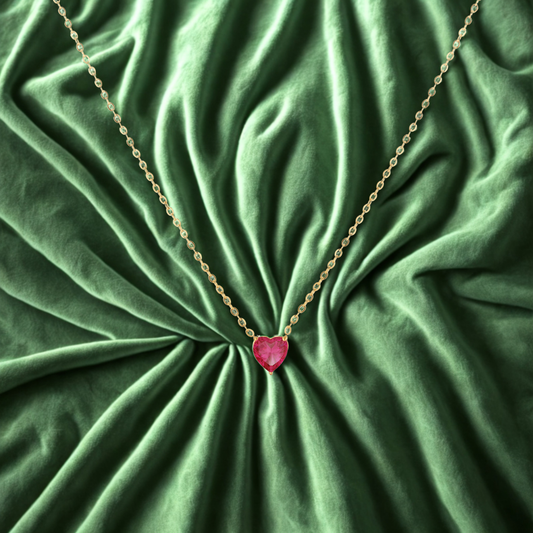 July Rose Red Heart Stone Pendant .... Cubic Zircon Necklace - Gold Chain