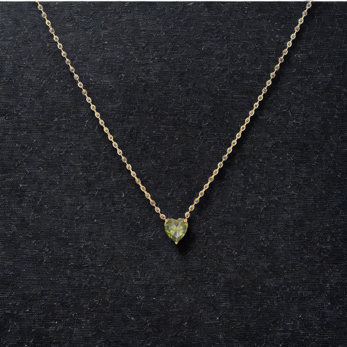 August Peridot Heart Stone Pendant .... Cubic Zircon Necklace - Gold Chain