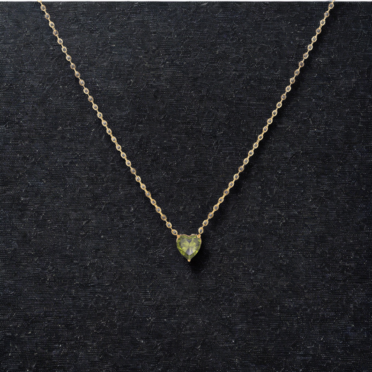 August Peridot Heart Stone Pendant .... Cubic Zircon Necklace - Gold Chain